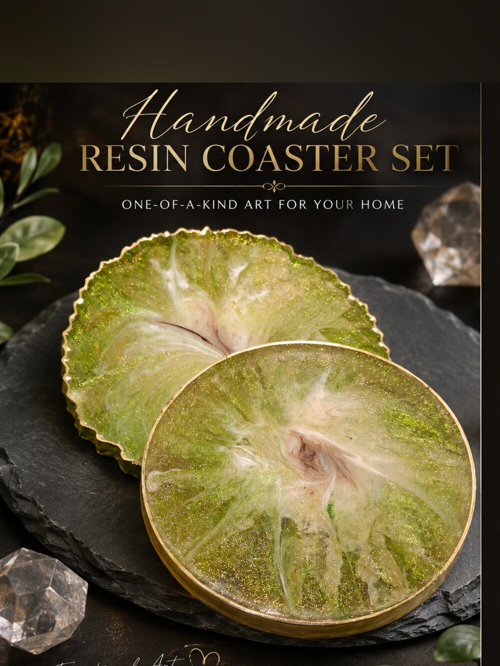 Handmade Resin Coaster Set - Green and Gold